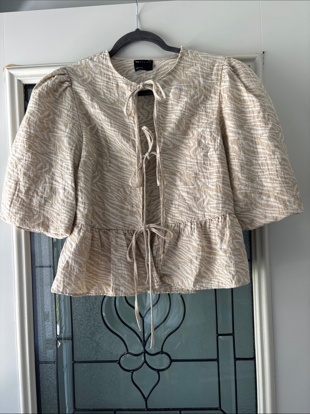 ASOS Beige Zebra-Print Tie-Front Peplum Blouse